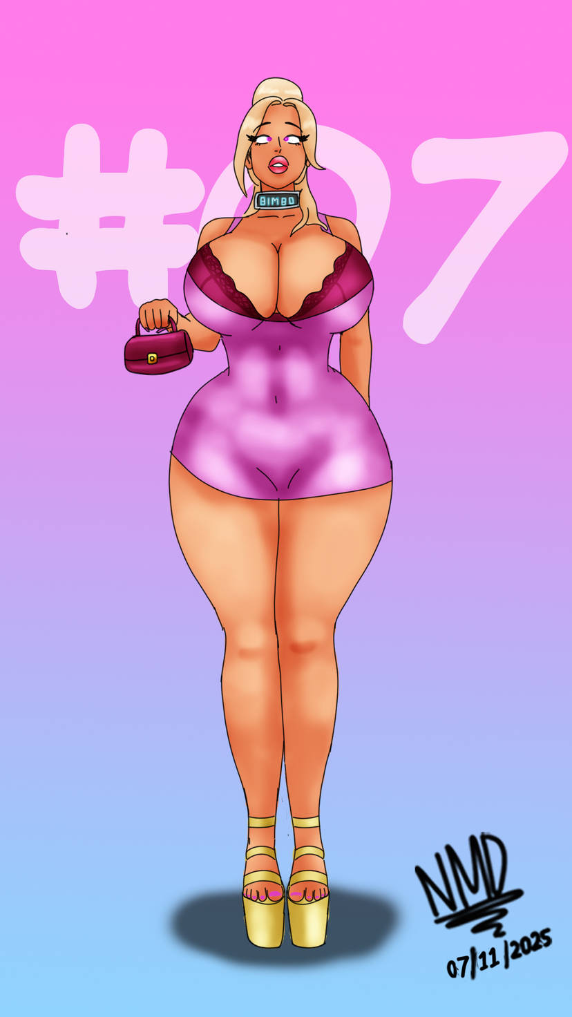 bimbofication blonde_hair cleavage clothed collar collarbone dress feet female_only femsub glowing_eyes high_heels huge_breasts hypnovember nail_polish nominddetected open_mouth pink_eyes ponytail standing