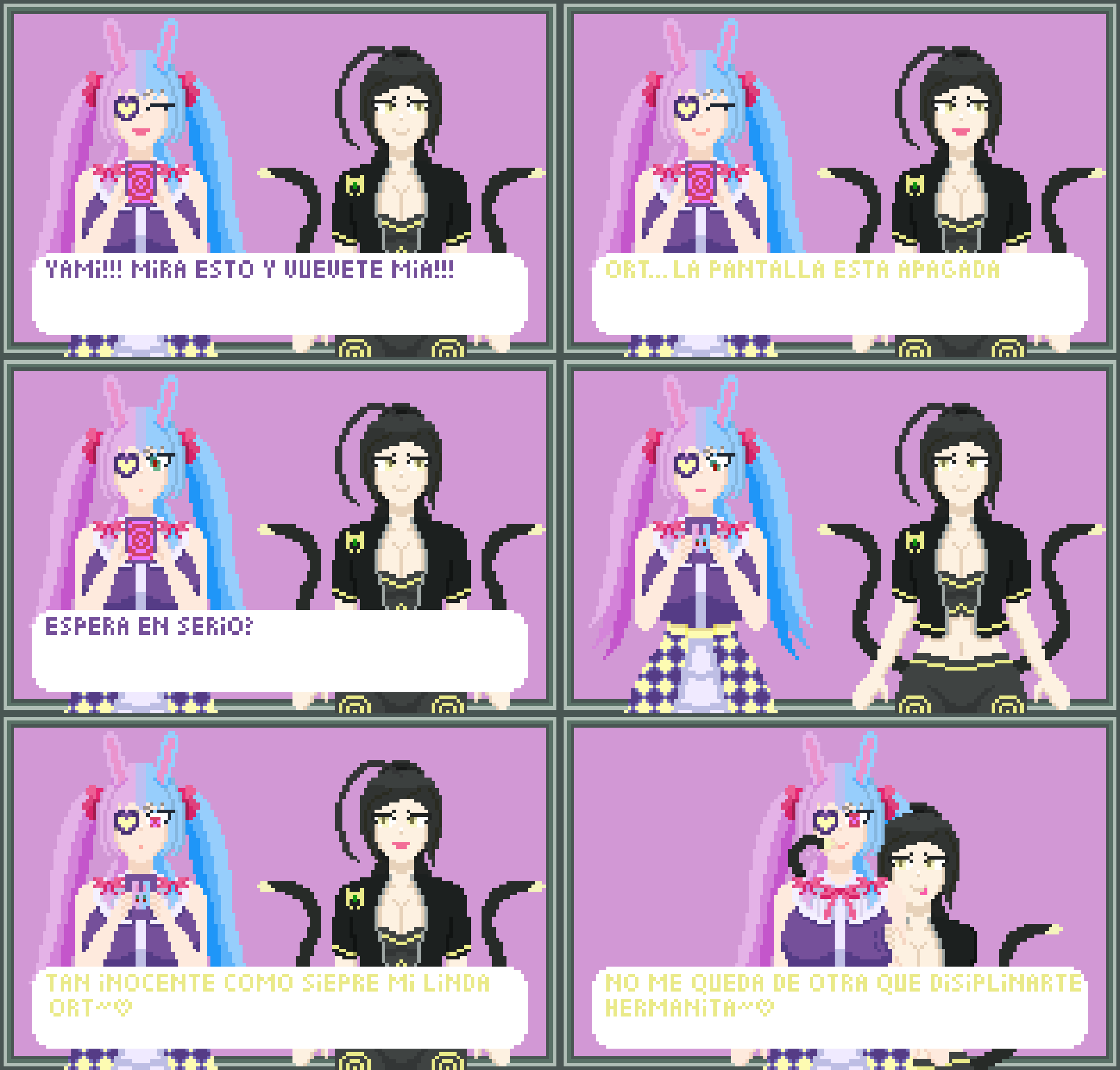 accidental_hypnosis black_hair blue_hair breast_grab breast_press bunny_ears bunny_girl cat_ears cat_tail cell_phone comic green_eyes hypnotic_screen hypnotized_hypnotist hypnovember jacket nyarukavt original ortlind_thotep pink_hair pixel_art sisters spanish text yami_thotep yellow_eyes
