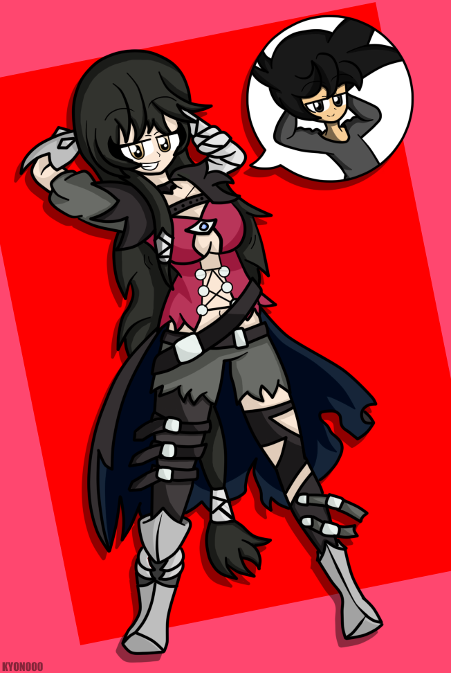 arms_above_head bandai_namco black_hair breasts cleavage clothed con_(kyozerozero) femsub happy_trance kyozerozero looking_at_viewer lying maledom midriff navel original possession simple_background smile speech_bubble tales_of_(series) tales_of_berseria velvet_crowe very_long_hair yellow_eyes