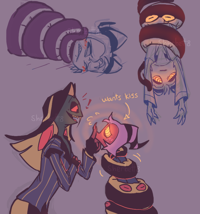 blush coils hanging_down hazbin_hotel helluva_boss male_only maledom malesub moxxie_(helluva_boss) naga_boy puckered_lips ring_eyes sherbett8 sir_pentious sleepy