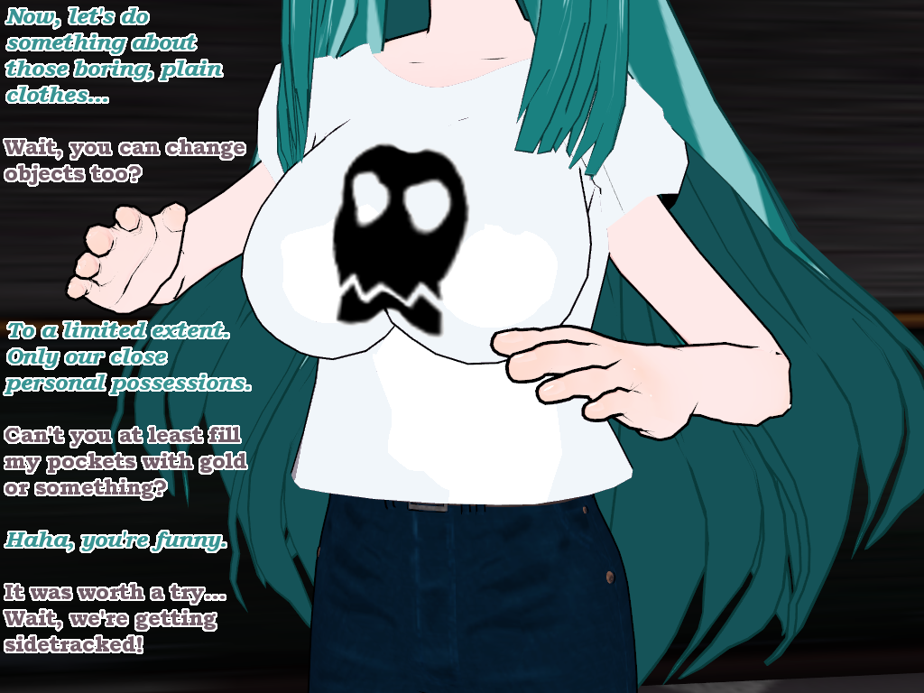 3d cyan_hair flamekin ghost_girl jeans large_breasts long_hair possession shirt text transgender
