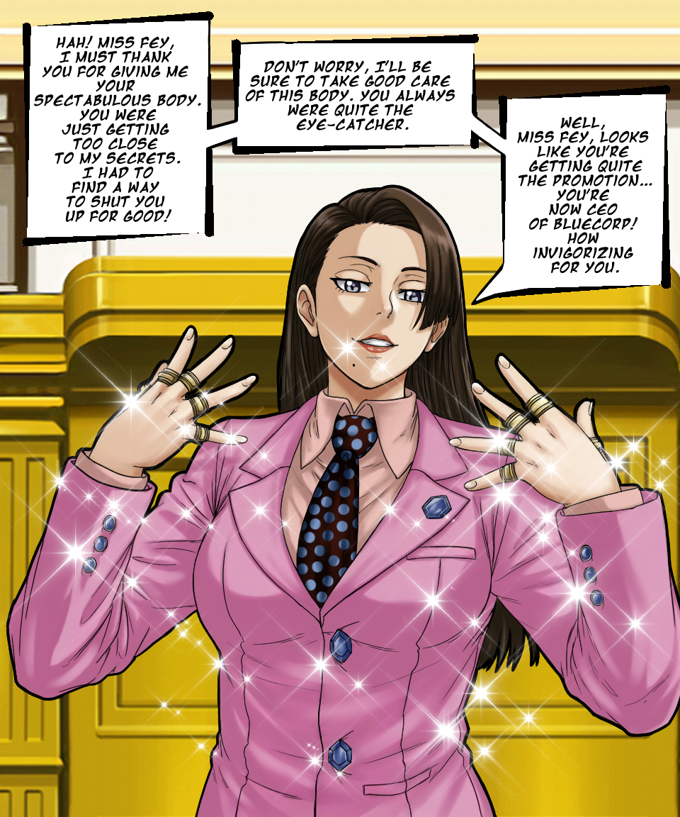 ace_attorney alternate_costume breasts brown_hair capcom comic cosplay english_text femsub grey_eyes happy_trance long_hair maledom mia_fey possession redd_white ring smile suit text umbra_callistis