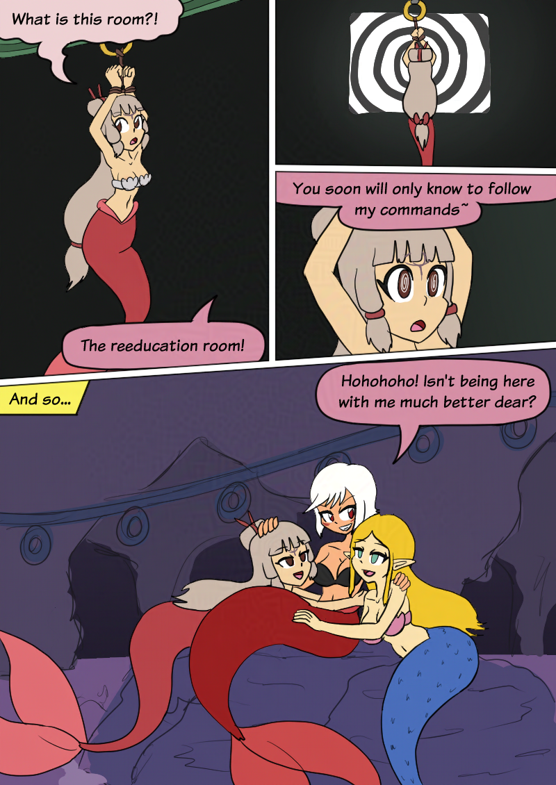 age_of_calamity bikini bikini_top blonde_hair bondage cia comic failed_infiltration femdom femsub happy_trance hypnotic_screen hyrule_warriors impa large_breasts long_hair mermaid midriff mythkaz nintendo princess_zelda seashell_clothing short_hair spiral tagme text the_legend_of_zelda white_hair yuri