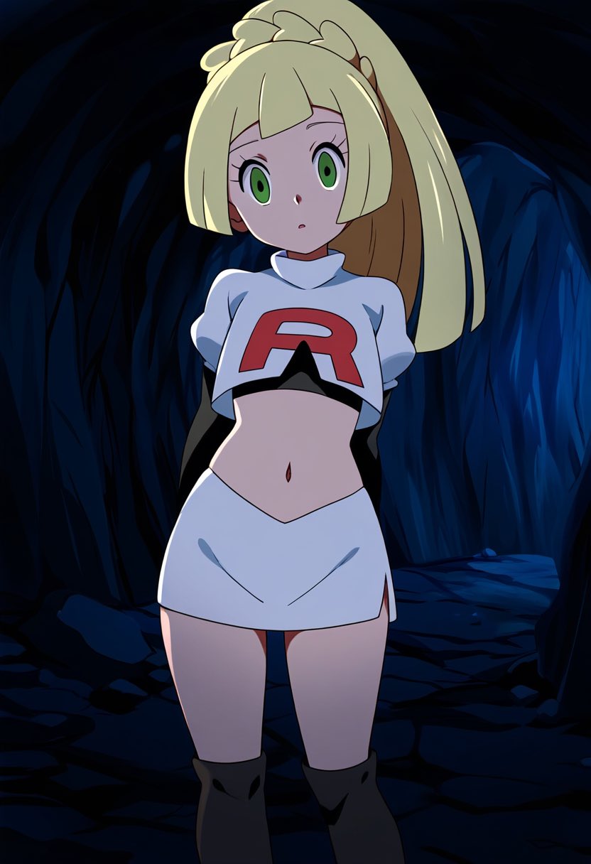 ai_art artist_request blonde_hair corruption empty_eyes enemy_conversion expressionless femsub green_eyes lillie_(pokemon) long_hair midriff navel nintendo pokemon pokemon_sun_and_moon ponytail skirt standing standing_at_attention team_rocket