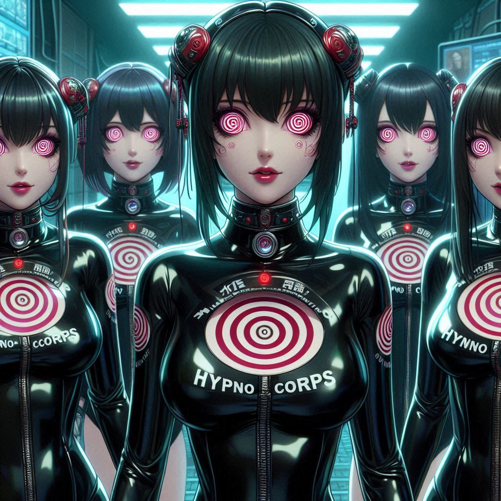 ai_art bangs black_hair bodysuit breasts collar expressionless face_paint female_only femsub hair_buns happy_trance headdress latex leotard lipstick lmo123fo_(generator) long_hair looking_at_viewer multiple_girls multiple_subs red_eyes red_lipstick rubber short_hair spiral spiral_eyes spiralwash_eyes symbol tech_control text tight_clothing zipper