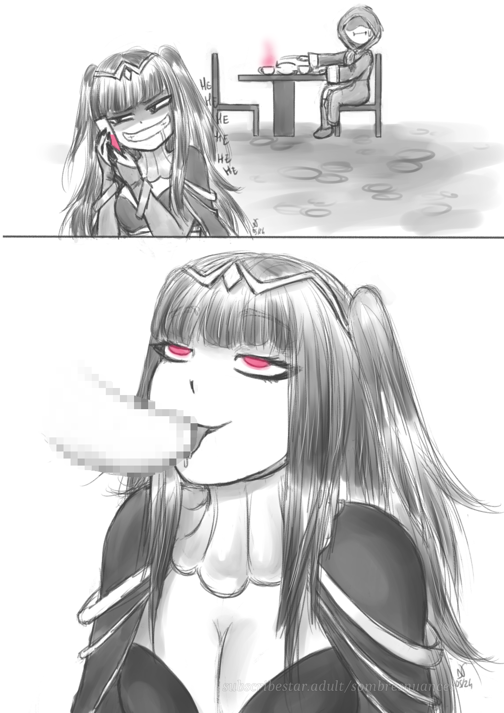 accidental_hypnosis before_and_after breasts chair cleavage dazed drool evil_smile eye_color_change faceless faceless_male failed_hypnosis fellatio femdom femsub fire_emblem fire_emblem_awakening glowing_eyes happy_trance hood hypnotic_drink hypnotic_drug hypnotized_hypnotist licking long_hair maledom nintendo penis sex signature simple_background sitting sombres_nuances sweat table tharja turning_the_tables white_background