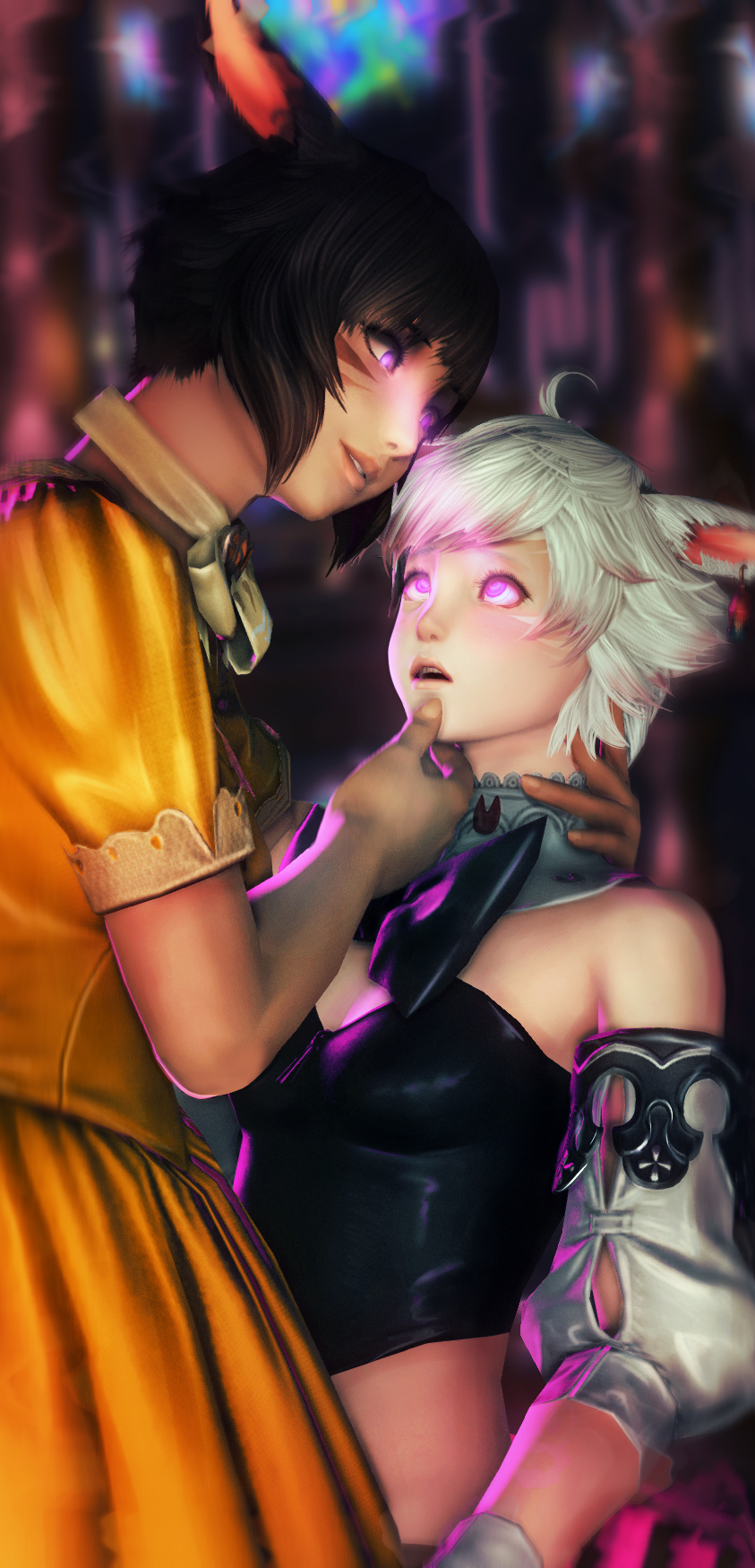 3d animal_ears brown_hair cat_girl chin_hold empty_eyes femdom femsub final_fantasy final_fantasy_xiv glowing glowing_eyes miqo&#039;te open_mouth pink_eyes spiral_eyes symbol_in_eyes t&#039;lira_rhen white_hair