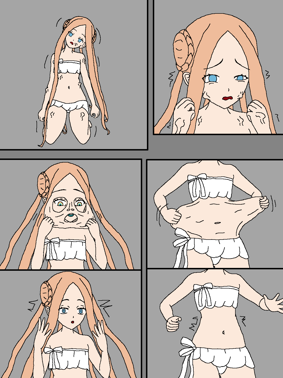 abigail_williams bare_shoulders bb_(fate/extra_ccc) blonde_hair blue_eyes breasts cleavage comic empty_eyes eye_color_change fate/extra_ccc fate/grand_order fate_(series) femsub goddess grey_background hypnotic_slime justlooking727 kneeling koyanskaya maledom midriff multicolored_eyes navel orange_eyes possession ritsuka_fujimaru_(male) simple_background slime story