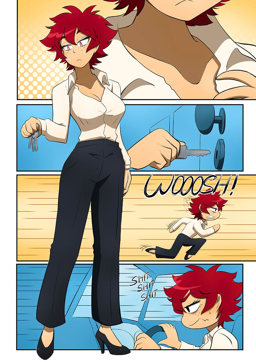 bree_(gacha_gotcha) cleavage comic female_only gacha_gotcha high_heels kobi94 large_breasts original pants red_hair shirt short_hair text