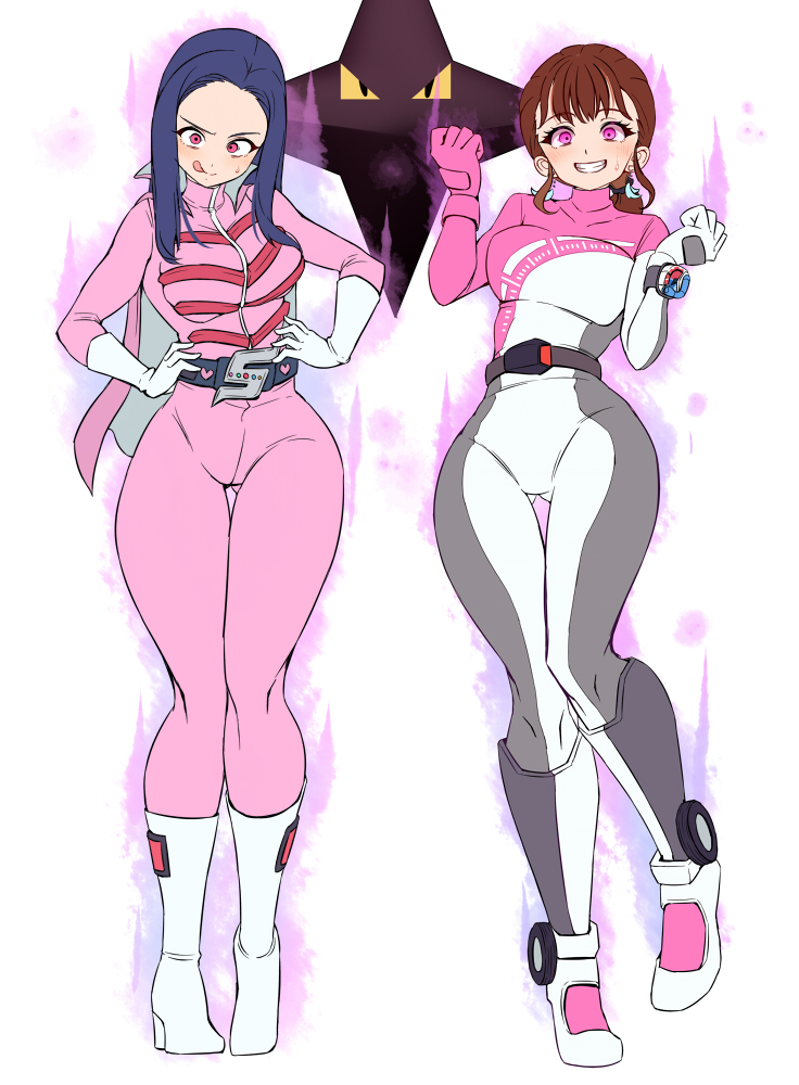 aura bakuage_sentai_boonboomger belt black_hair blush bodysuit boots brown_hair cape character_request chibotakun clock corruption empty_eyes female_only femsub gloves happy_trance high_heels himitsu_sentai_goranger large_breasts long_hair looking_at_viewer multiple_girls multiple_subs pink_eyes ponytail simple_background smile super_sentai sweat tongue white_background zipper