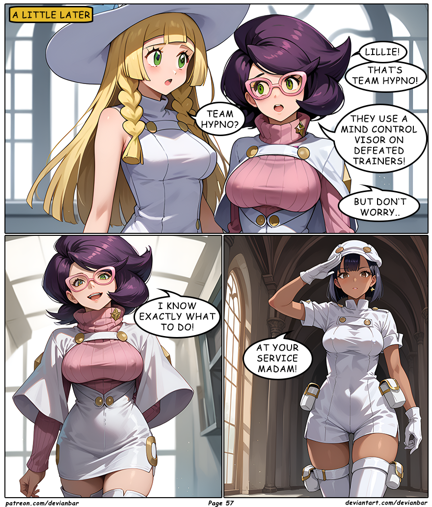 aether_foundation aether_foundation_employee ai_art blonde_hair dialogue glasses large_breasts lillie_(pokemon) nintendo pokemon purple_hair team_hypno text wicke