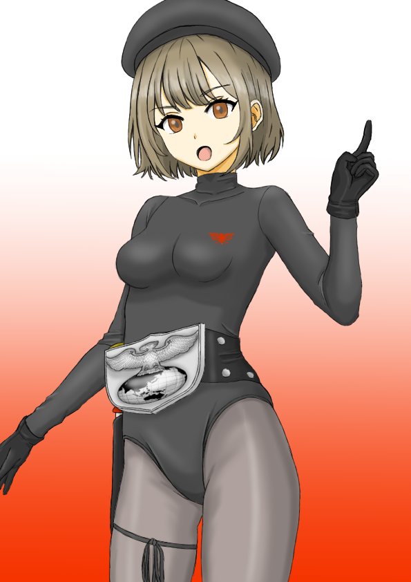 belt beret brown_eyes brown_hair character_request female_only femsub garter gloves gradient_background hat kamen_rider leotard looking_at_viewer mousouship open_mouth orange_background pantyhose shocker_(kamen_rider) short_hair simple_background standing white_background