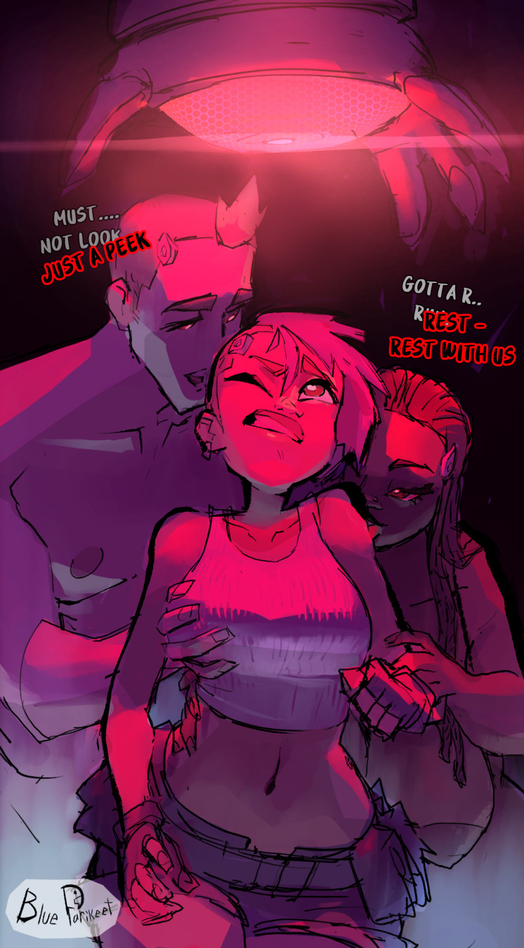 ahoge bare_breasts bare_shoulders belt blueparikeet breast_grab breasts character_request collarbone crop_top dark_skin dialogue english_text femsub glowing hypnotic_light hypnotized_assistant large_breasts licking long_hair malesub midriff navel nipples one_eye_open original resisting restrained short_hair short_shorts tagme text thighs topless wide_hips