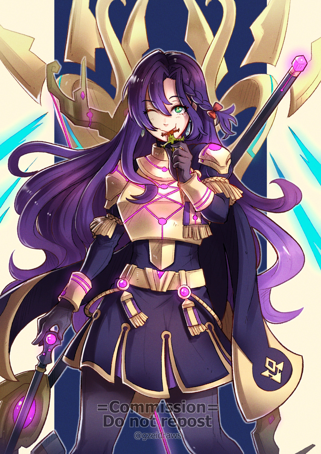 alternate_costume alternate_hair_color aura axe bow character_request chloe_(fire_emblem) consensual control_indicator femsub fire_emblem fire_emblem_engage fire_emblem_three_houses fusion gloves glowing gzei happy_trance long_hair looking_at_viewer nintendo one_eye_open possession purple_hair spear weapon wink