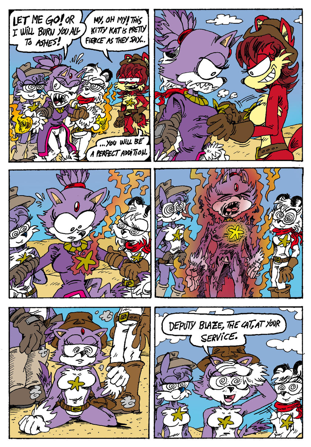 andreu-t barby_koala belt blaze_the_cat clothed_exposure comic cowboy_hat dialogue femsub fiona_fox furry hypnotized_hypnotist nicolette_the_weasel saluting sonic_the_hedgehog_(series) spiral_eyes text torn_clothes