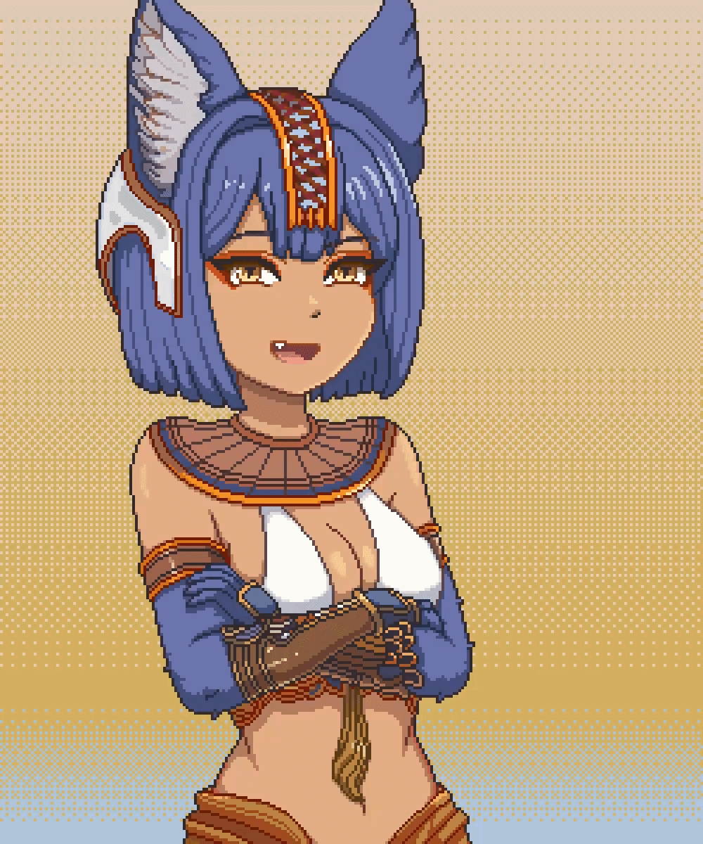 animal_ears animated animated_gif awakening bastet_(granblue_fantasy) blue_hair bouncing_breasts bracers breasts cat_ears cat_girl cleavage clothed crossed_eyes dark_skin drool female_only femsub gloves granblue_fantasy hair_ornament open_mouth opera_gloves panicatethemoon pink_eyes pixel_art ring_eyes shrunken_irises simple_background solo unaware unfocused_eyes yellow_background yellow_eyes