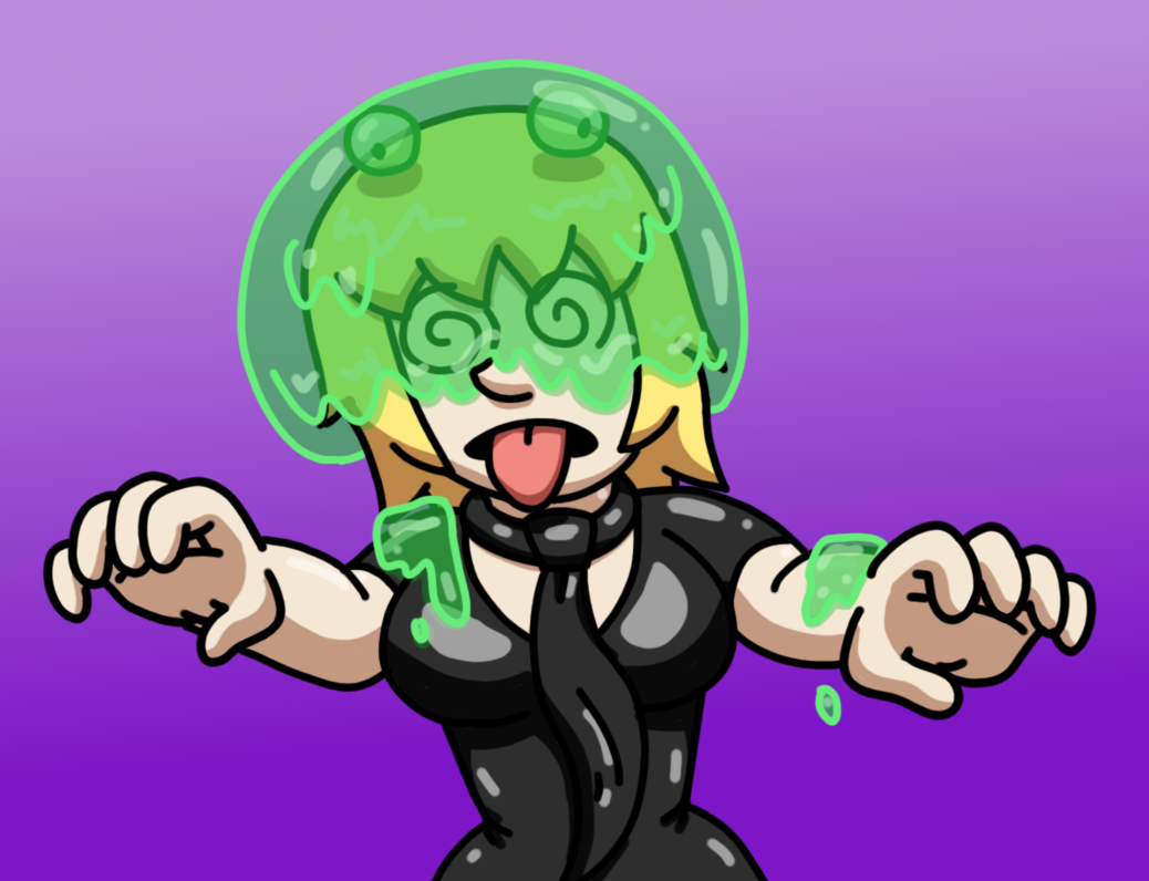 blonde_hair dress femsub gradient_background hypnovember latex monster original samantha_(supertechno324) short_hair simple_background slime spiral_eyes supertechno324 tie tongue_out zombie_walk