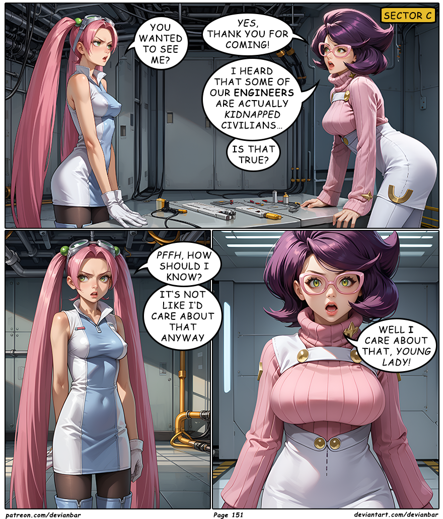 ai_art devianbar dialogue glasses large_breasts long_hair lovrina_(pokemon) nintendo pink_hair pokemon purple_hair short_hair team_hypno text twintails wicke