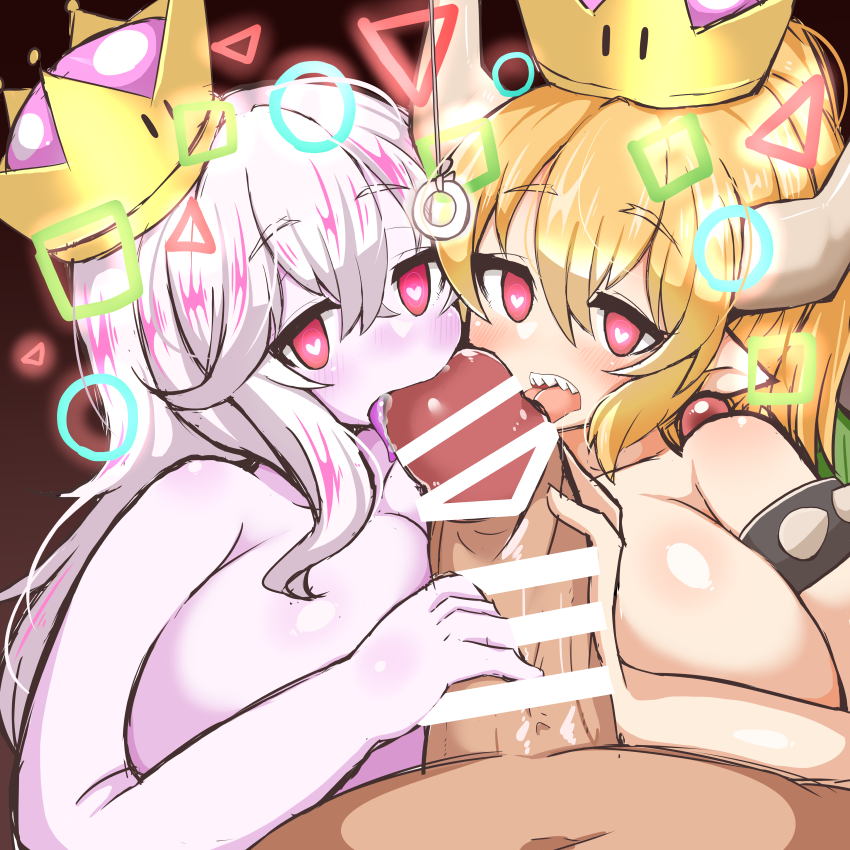 blonde_hair blush booette bottomless bowsette breast_press breasts censored collaboration collaborative_fellatio collaborative_handjob crown detritus drool earrings elf_ears fangs fellatio femsub group_sex handjob heart heart_eyes heterosexual horns huge_breasts jewelry licking maledom multicolored_hair new_super_mario_bros._u_deluxe nintendo pendulum penis purple_hair super_crown super_mario_bros. symbol_in_eyes threesome tongue tongue_out topless white_hair