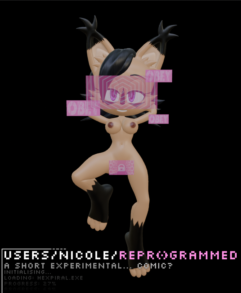 3d animal_ears black_background black_hair bottomless breasts corruption devious66 english_text female_only femsub floating furry hacking happy_trance hypnotic_screen lynx_girl navel nicole_the_lynx nipples nude pov pov_dom simple_background smile solo sonic_the_hedgehog_(series) spiral spread_legs tech_control text topless