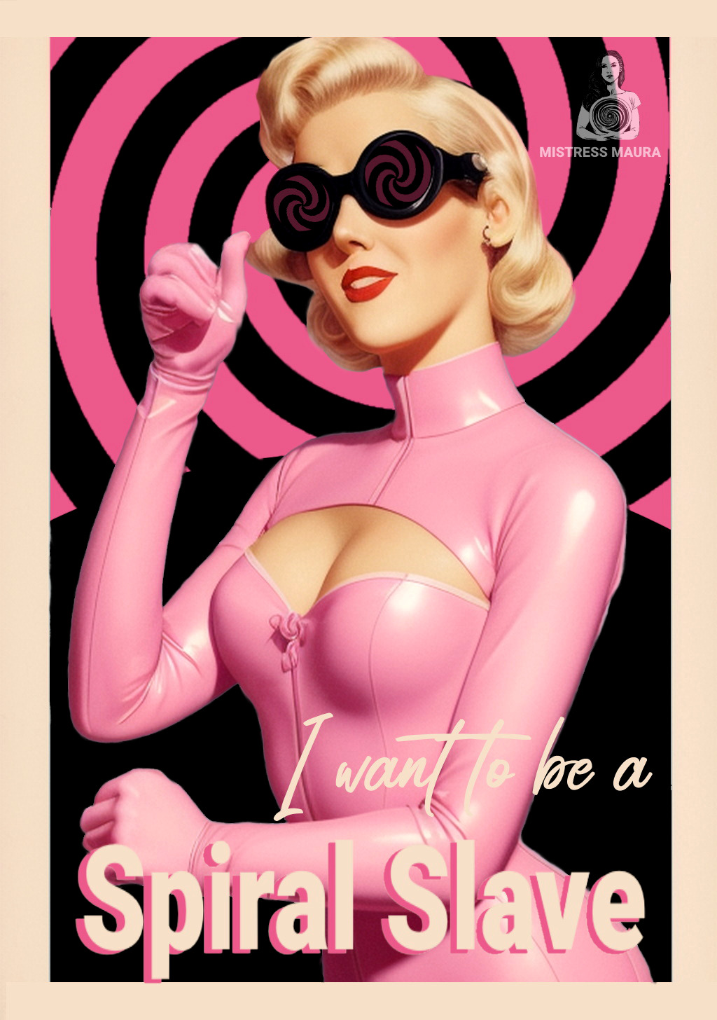 ai_art blonde_hair bodysuit caption earrings femsub glasses hypnotic_accessory latex light_skin mistress_maura_(generator) red_lipstick simple_background smile spiral tagme tech_control text