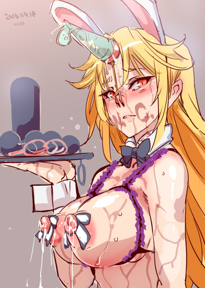 altered_common_sense blonde_hair blush body_writing breasts bunny_ears cleavage dildo embarrassed erect_nipples female_only femsub huge_breasts lactation long_hair milk mind_break nose_hook nyuu_(manekin-eko) prostitution red_eyes sex_toy solo touhou tray waitress yuugi_hoshiguma