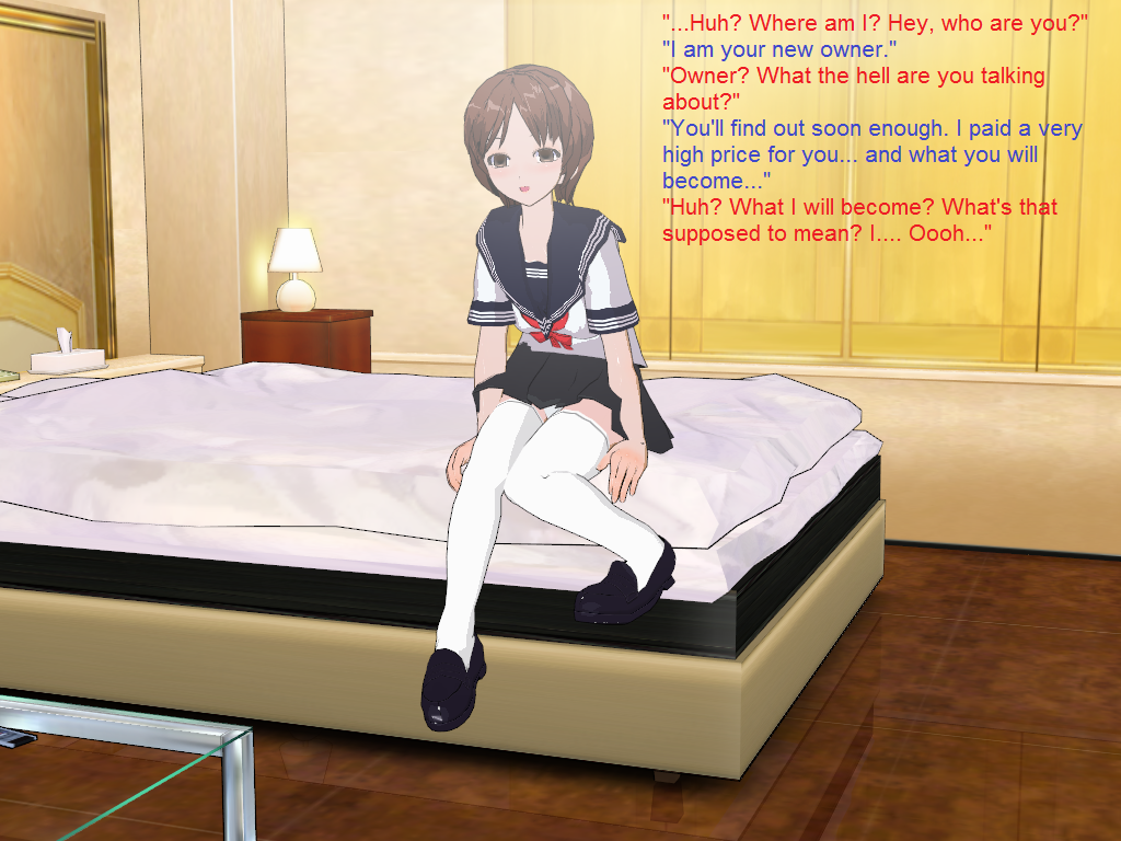 3d 3d_custom_girl bed brown_eyes brown_hair henshin-san school_uniform short_hair text