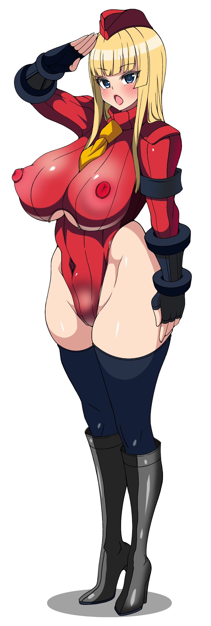akane_(frozen_gingasan) arm_bands blonde_hair blush boots capcom cosplay erect_nipples erect_nipples_under_clothes fingerless_gloves frozen_gingasan gloves hat high_heels huge_breasts leotard lipstick looking_at_viewer nipples open_mouth original saluting shadaloo_dolls shoulder_pads simple_background standing standing_at_attention straight-cut_bangs street_fighter thighhighs tie tight_clothing underboob white_background