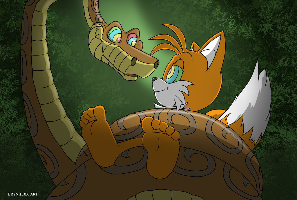 barefoot bondage brynhexx coils crossover disney feet foot_focus fox_boy fox_ears fox_tail furry happy_trance hypnotic_eyes kaa kaa_eyes maledom malesub miles_tails_prower restrained smile snake sonic_the_hedgehog_(series) tail the_jungle_book