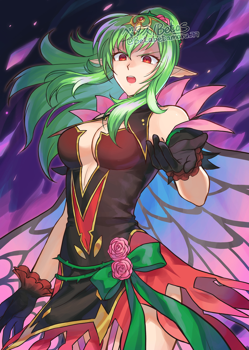 alternate_costume aura betas breasts cleavage corruption english_text female_only femsub fire_emblem fire_emblem_awakening fire_emblem_heroes fire_emblem_shadow_dragon_and_the_blade_of_light gloves green_hair large_breasts long_hair magic nintendo open_mouth ponytail red_eyes text tiki_(fire_emblem) unhappy_trance watermark wings