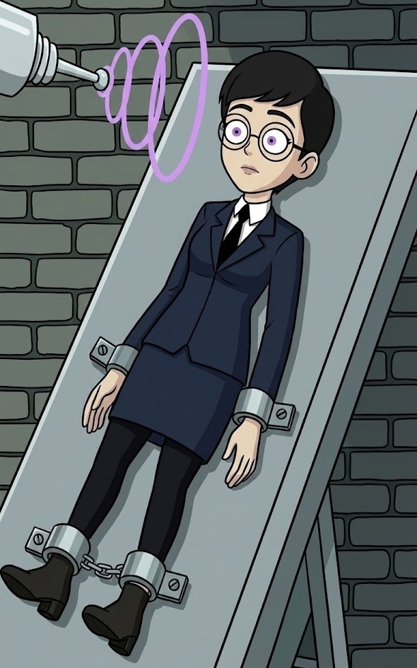 ai_art black_hair carmen_sandiego clothed female_only femsub glasses hypnotic_gun julia_argent_(carmen_sandiego) purple_eyes raygun restrained short_hair shrunken_irises skirt solo suit tech_control tie zupern0va_(manipper)