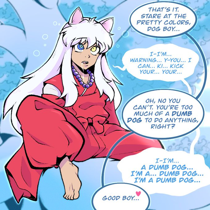 animal_ears barefoot bubble clothed dialogue drool feet heart himbonosis inuyasha inuyasha_(series) kaa_eyes long_hair male_only maledom malesub necklace open_mouth outdoors resisting ring_eyes sitting solo speech_bubble text white_hair