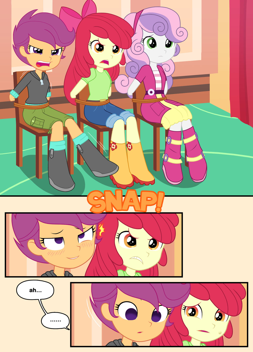 apple_bloom blush bondage comic dazed empty_eyes equestria_girls expressionless female_only femsub hair_ribbon long_hair multicolored_hair multiple_girls my_little_pony open_mouth personification pink_hair purple_hair red_hair scootaloo short_hair sweetie_belle text trigger tunberuku