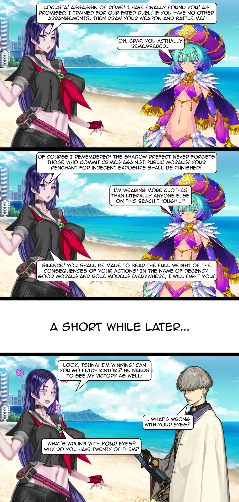 altered_common_sense altered_perception angry beach before_and_after belt blush breasts bugmenotencore_(manipper) cape choker clothed collar collarbone complex_background dialogue drugged english_text erect_nipples erect_nipples_under_clothes eye_color_change fate/grand_order fate_(series) femdom femsub fingerless_gloves gloves glowing glowing_eyes hair_ornament happy_trance hat humor hypnotic_drug jewelry large_breasts locusta_(fate) manip midriff minamoto_no_raikou multicolored_hair multiple_girls navel nipples official open_mouth pink_eyes pink_hair purple_eyes purplefire_(manipper) school_uniform sequence short_hair sideboob small_breasts smile speech_bubble spiral sword text unaware unfocused_eyes uniform very_long_hair watanabe_no_tsuna_(fate) weapon