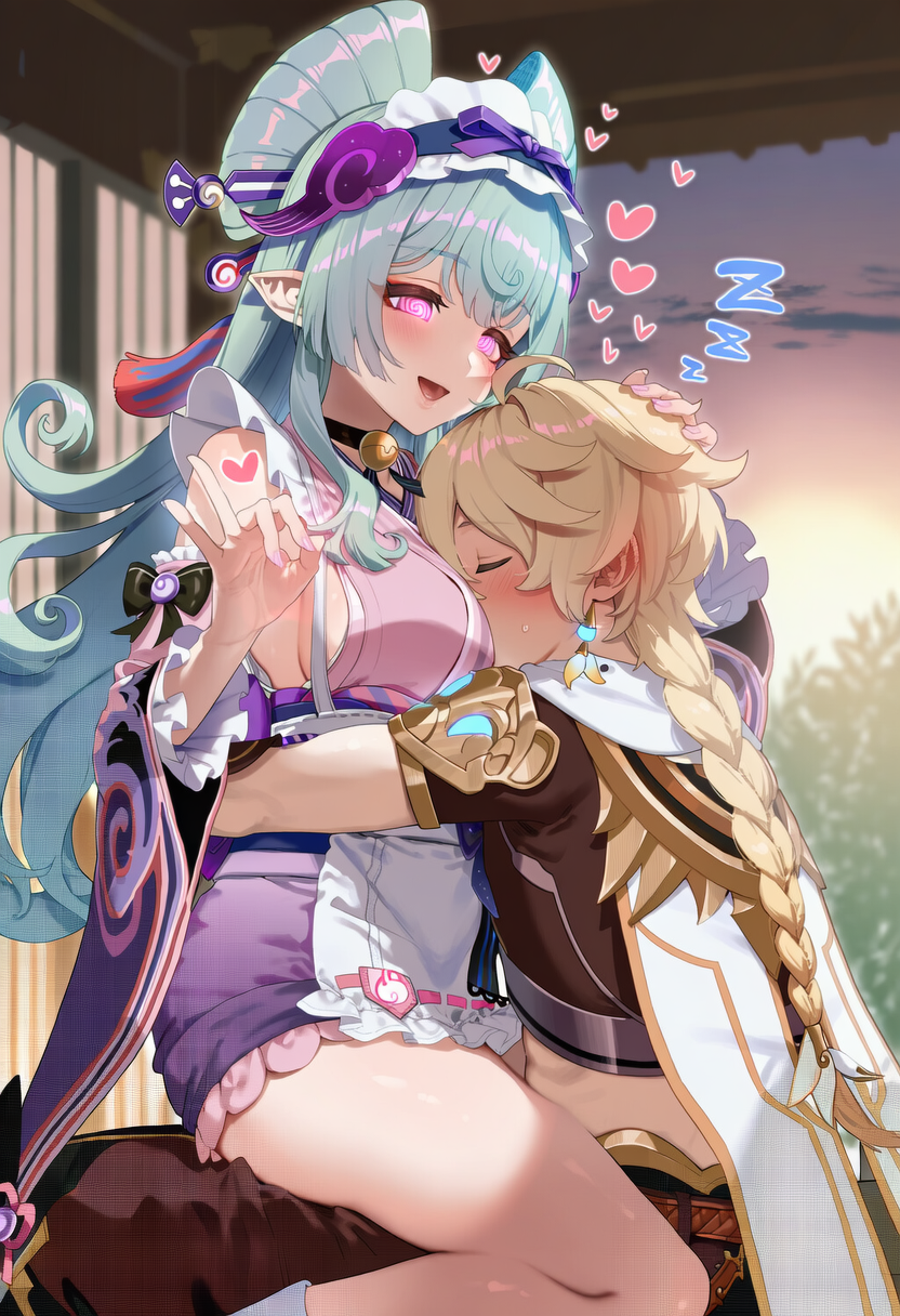 aether_(genshin_impact) ai_art femdom genshin_impact head_in_breasts hypnotic_eyes hypnotic_voice malesub mizuki_yumemizuki sleeping