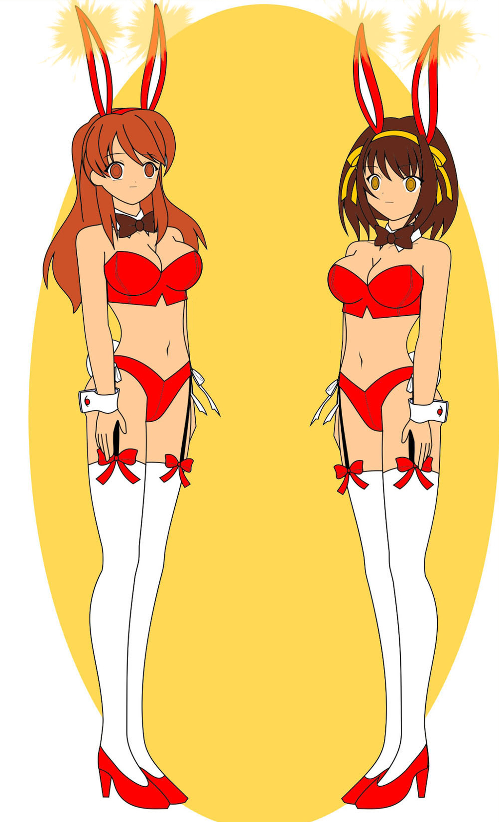 antenna bow_tie breasts brown_hair bunny_ears bunnysuit cuffs fake_animal_ears female_only femsub haruhi_suzumiya high_heels hypnotic_accessory jimryu large_breasts mikuru_asahina red_hair short_hair standing standing_at_attention tech_control the_melancholy_of_haruhi_suzumiya thighhighs