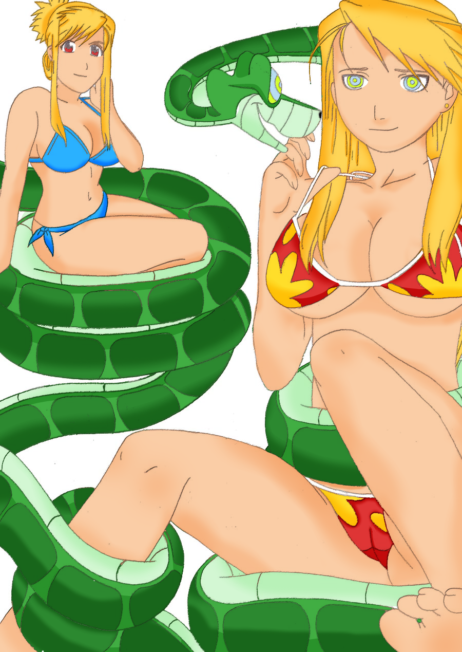 barefoot bikini blonde_hair breasts cameltoe coils disney feet femsub fullmetal_alchemist happy_trance hypnotic_eyes kaa kaa_eyes kanazy large_breasts lompich_(colorist) long_hair riza_hawkeye snake the_jungle_book undressing winry_rockbell