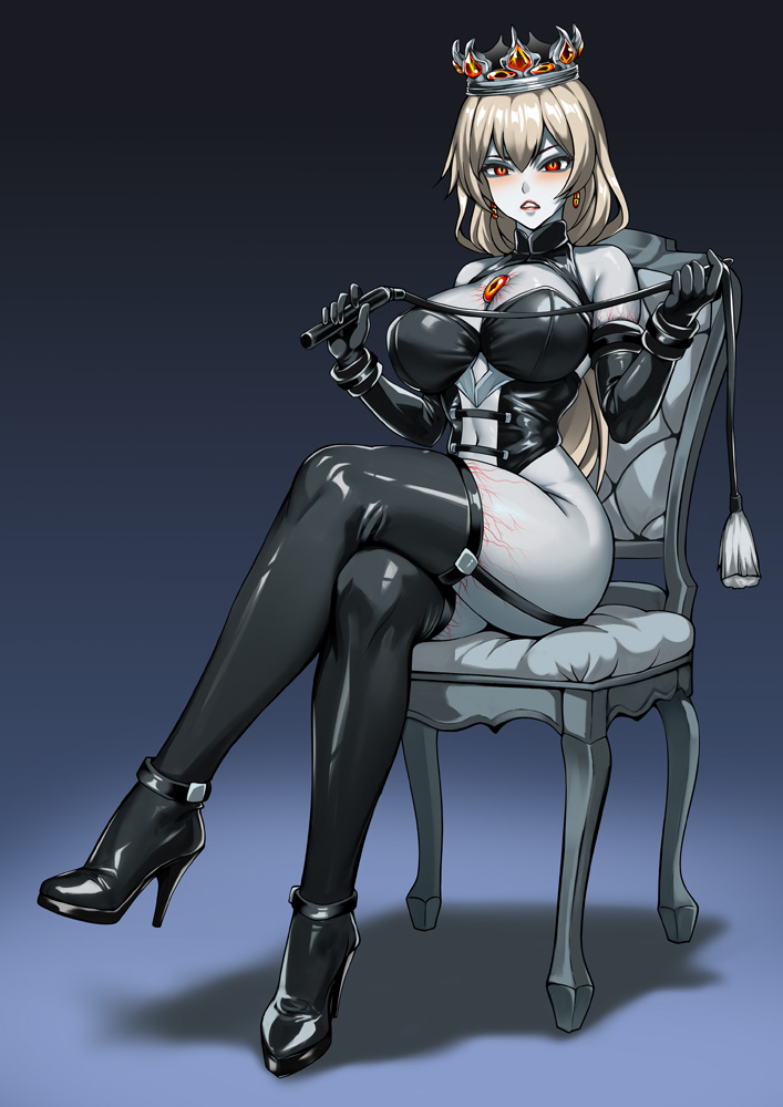 alternate_color_scheme alternate_costume alternate_hair_color bare_shoulders black_eyes blush boots breasts chair cleavage corruption crossed_legs crown earrings female_only femsub hadant high_heels jewelry kantai_collection large_breasts looking_at_viewer midriff navel pale_skin red_sclera short_hair silver_hair sitting slit_pupils solo thigh_boots thigh_heels thighhighs thighs third_eye valiant_(kantai_collection) veins whip white_skin yellow_sclera