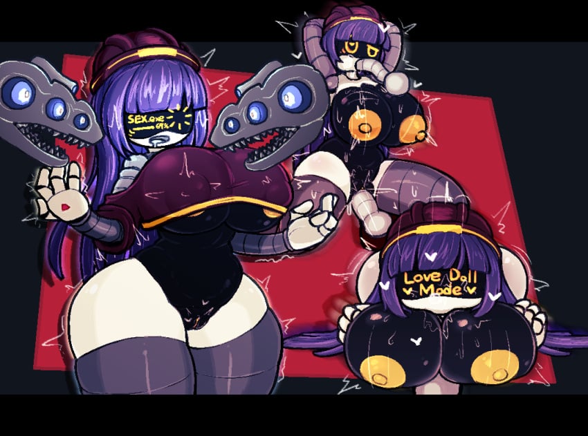 arms_above_head blush bottomless clothed dazed dildo doll_(murder_drones) drone drool erect_nipples erect_nipples_under_clothes expressionless eye_roll fellatian female_only femsub hat heart huge_breasts large_breasts large_hips legs looking_at_viewer midriff murder_drones nemusothoth nipples no_bra nude open_mouth oral orgasm paizuri purple_hair pussy robot_girl sex sex_toy squatting standing sweat tech_control thick_thighs thighs topless underboob vaginal yellow_eyes