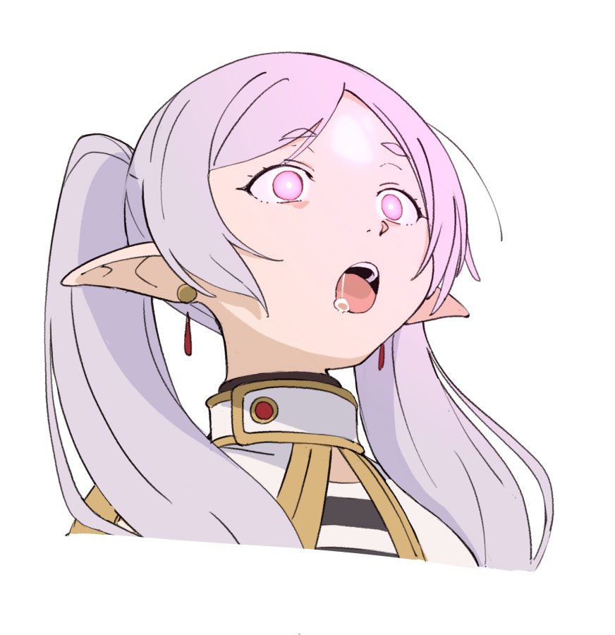 collar drool earrings elf elf_ears expressionless femsub frieren frieren:_beyond_journey's_end glowing_eyes hitsugi_mc hypnotic_light open_mouth twintails white_hair