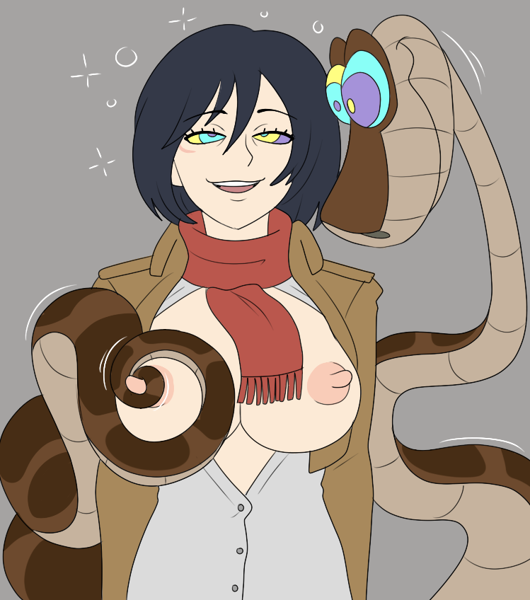 attack_on_titan black_hair breasts coils disney drool female_only femsub happy_trance hypnotic_eyes kaa kaa_eyes large_breasts mikasa_ackerman nipple_tweak plsgts short_hair smile snake the_jungle_book