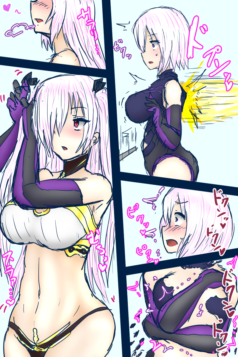 alternate_costume alternate_hairstyle bare_shoulders blush breasts comic crossed_arms eye_color_change fate/grand_order fate_(series) female_only femdom femsub gloves goddess hair_covering_one_eye hair_growth heart ishtar_(fate/grand_order) japanese_text large_breasts mashu_kyrielight midriff navel open_mouth opera_gloves possession purple_hair red_eyes reia surprised symbol text thighs transformation translation_request very_long_hair