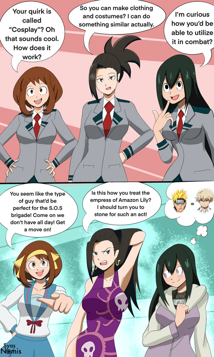 alternate_costume alternate_hairstyle boa_hancock comic dialogue female_only femsub green_hair haruhi_suzumiya hinata_hyuuga identity_swap long_hair momo_yaoyorozu multiple_girls multiple_subs my_hero_academia naruto_(series) ochaco_uraraka one_piece short_hair syas-nomis text the_melancholy_of_haruhi_suzumiya tsuyu_asui