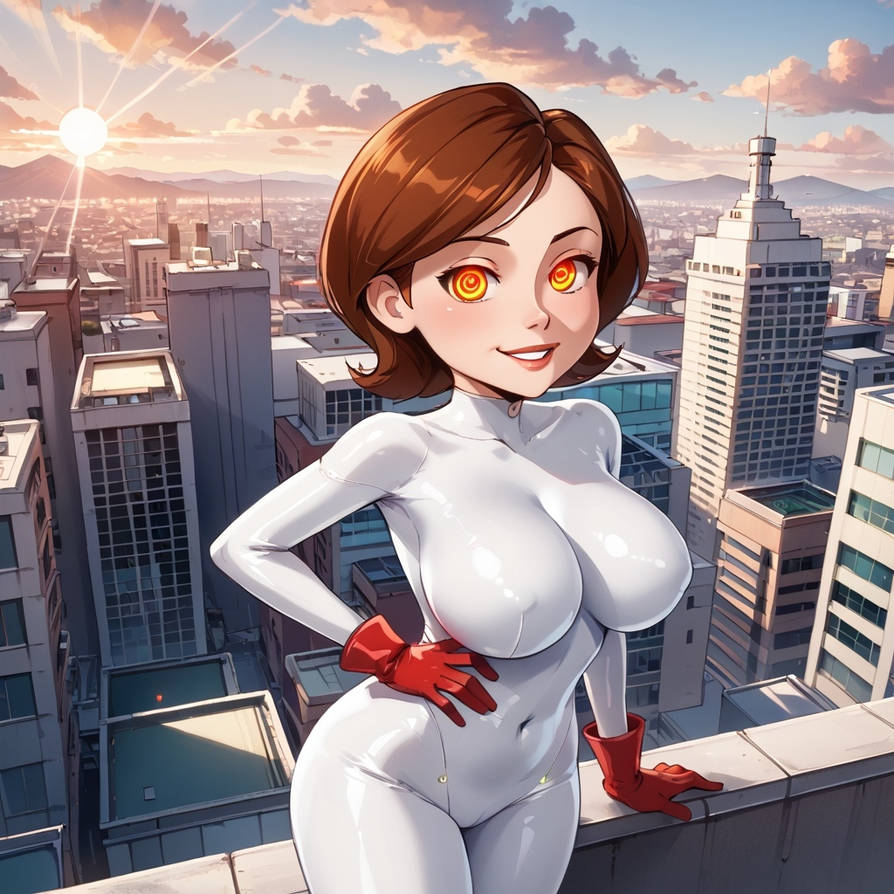 ai_art breasts brown_hair disney elastigirl femsub founderman_(generator) glowing_eyes happy_trance helen_parr orange_eyes outdoors short_hair story symbol_in_eyes the_incredibles