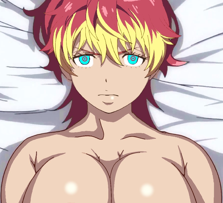 bare_shoulders blonde_hair blue_exorcist bottomless breasts cleavage collarbone femsub huge_breasts large_breasts masane_amaha multicolored_eyes nude operating_table red_hair ring_eyes shiny_hair shiny_skin short_hair shura_kirigakure topless witchblade_(series)