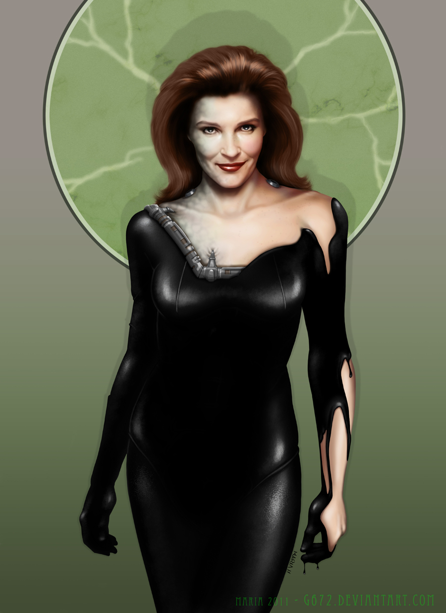 alternate_color_scheme alternate_costume bare_shoulders black_eyes black_skin borg bottomless breasts brown_hair cleavage corruption female_only femsub g672 kathryn_janeway lipstick nude pale_skin real robotization shiny_skin slime solo star_trek symbiote text topless western