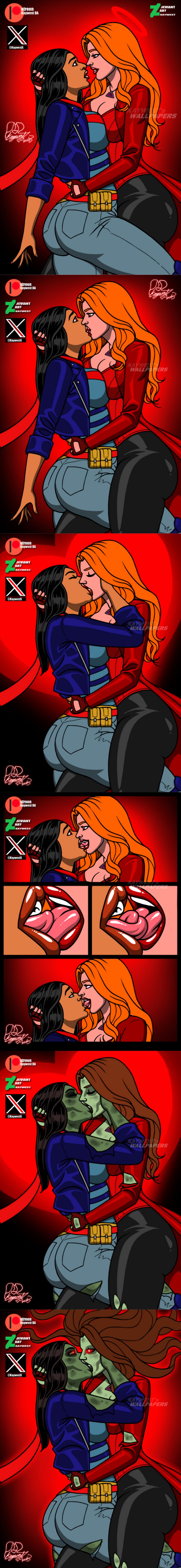 black_hair corruption dark_skin femdom femsub french_kiss glowing_eyes green_skin halo hand_on_head illusion kamala_khan kaywest kissing magic marvel_comics marvel_zombies ms._marvel necklace orange_hair red_eyes seductive_smile smile tongue tongue_out torn_clothes wanda_maximoff wounds yuri zombie