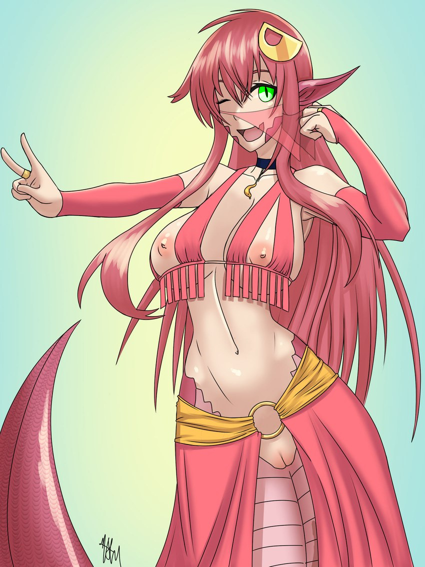 choker clothed_exposure collarbone elf_ears exposed_chest gloves green_eyes hair_ornament harem_outfit kaa_eyes kayserend miia_(monster_musume) monster_musume naga_girl navel necklace nipples one_eye_open open_mouth opera_gloves pov_sub pussy red_hair signature simple_background smile v veil wink