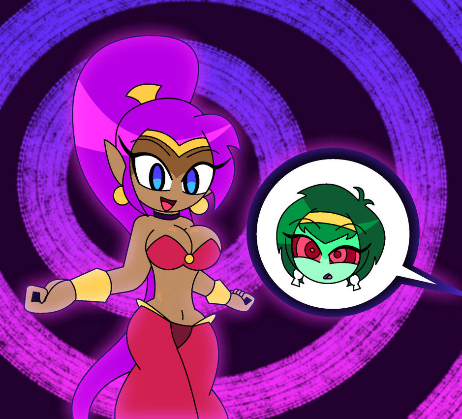 ahoge blue_eyes bra bracelet choker dancer dancing earrings eyebrows_visible_through_hair female_only femdom femsub green_hair grey_skin hair_band harem_outfit headband hypnoscream hypnotic_dance jewelry midriff navel open_mouth pants ponytail purple_hair red_eyes ring_background ring_eyes rottytops shantae shantae_(series) smile speech_bubble tan_skin