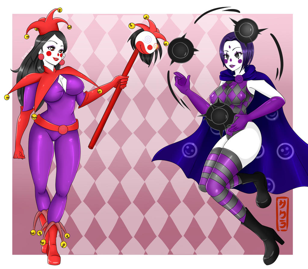 black_hair clown clown_girl clownification costume dc_comics demon_girl enetheligthingdancer face_paint female_only femdom femsub jestrix_(sumdudehere) leotard long_hair original purple_hair raven short_hair super_hero teen_titans white_skin